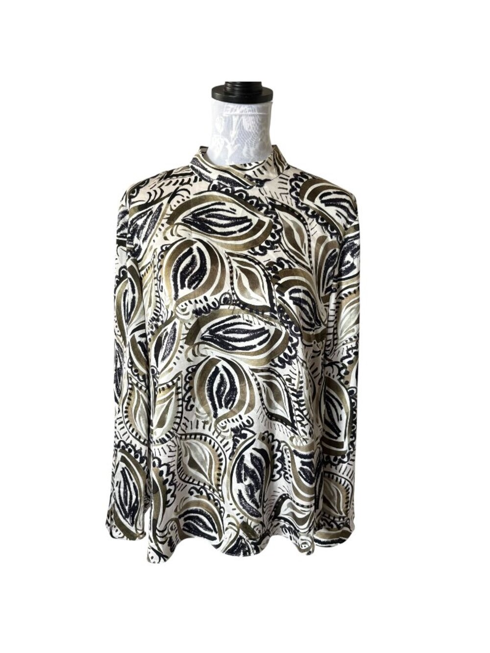 MM LAFLEUR Silk Blouse Shirt Womens Long Sleeve Size Large Black Green